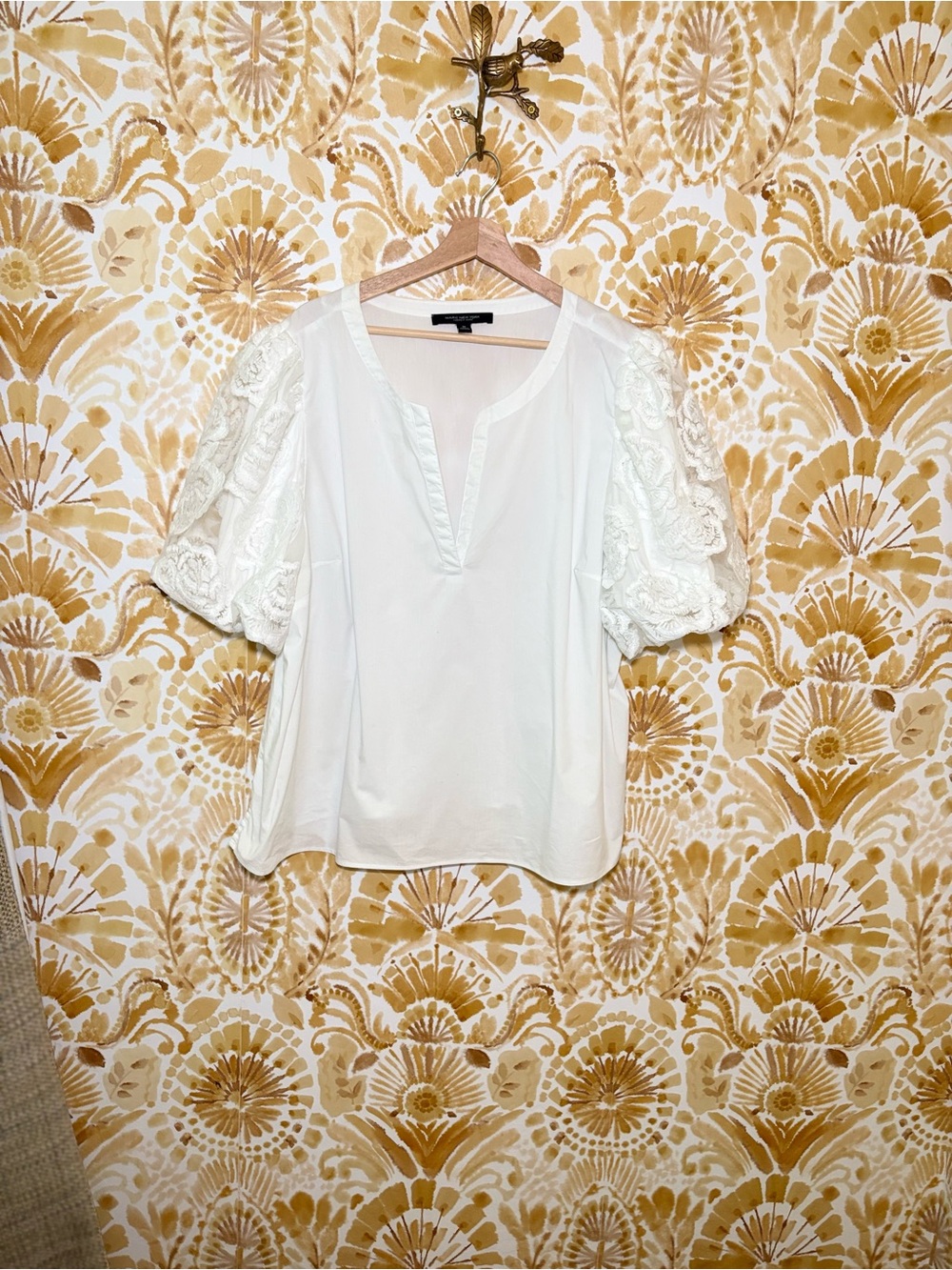 Marc New York White Embroidered Lace Puff Sleeve Blouse | Split Neck Top - Picture 2 of 8